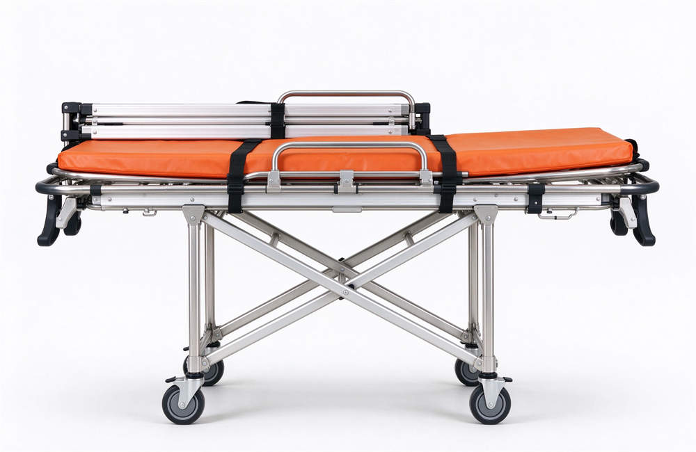 Stainless steel folding rescue stretcher with orange mattress, ambulance cot and emergency patient transport stretcher for highway crash medical evacuation