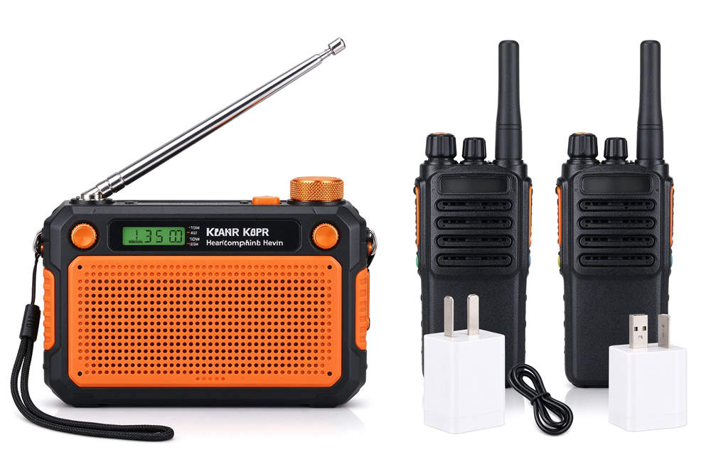 Orange hand crank emergency radio and two way walkie talkies with chargers, communication equipment for highway crash scene coordination and emergency rescue operations
