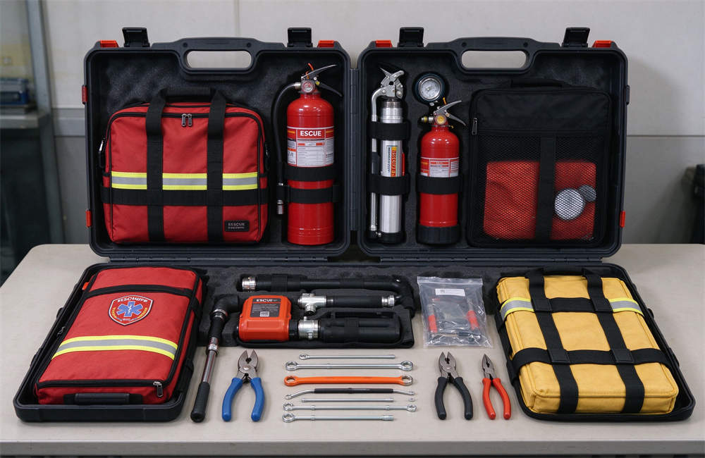 Black rescue equipment case open with tools, fire extinguisher, first aid kit inside, vehicle emergency rescue kit and highway crash response equipment storage case