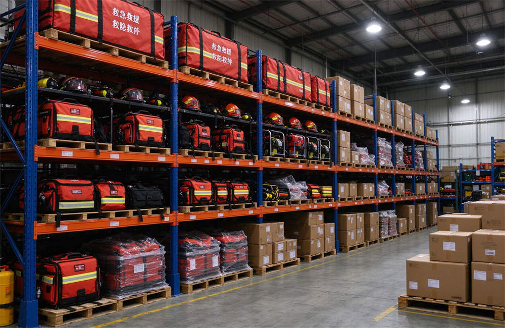 Warehouse shelves with red rescue equipment bags and boxes, organized inventory of highway crash rescue supplies and wholesale emergency rescue equipment distribution