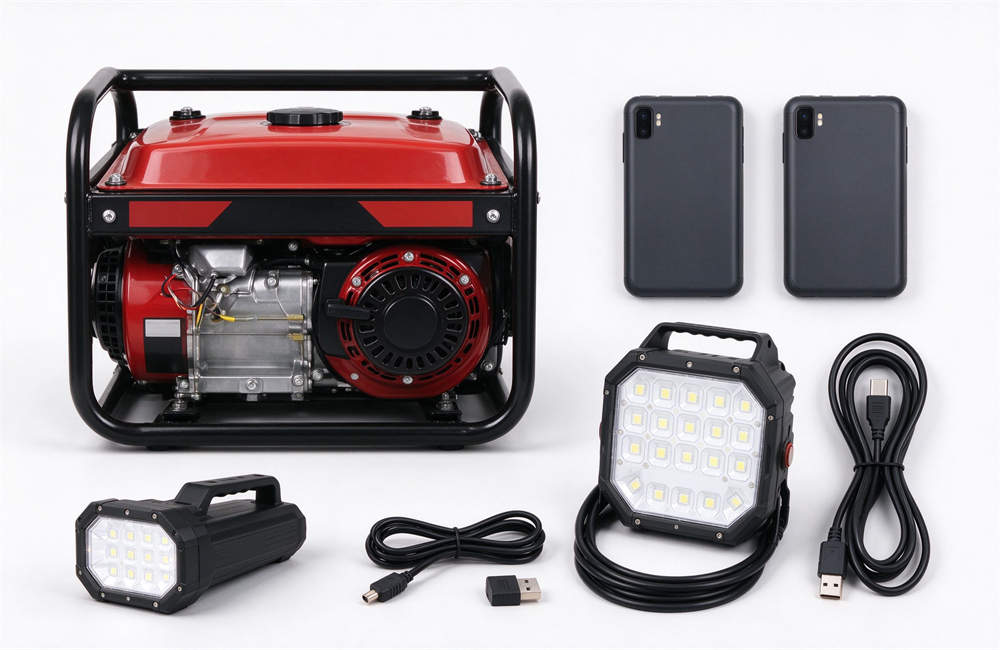 Red portable generator with power banks and LED work lights, portable power equipment for highway crash scene and roadside emergency rescue operations