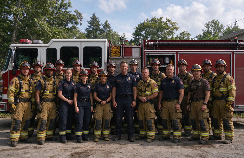 Group of uniformed rescue team members in front of fire truck, highway rescue team and emergency services personnel for traffic accident response operations