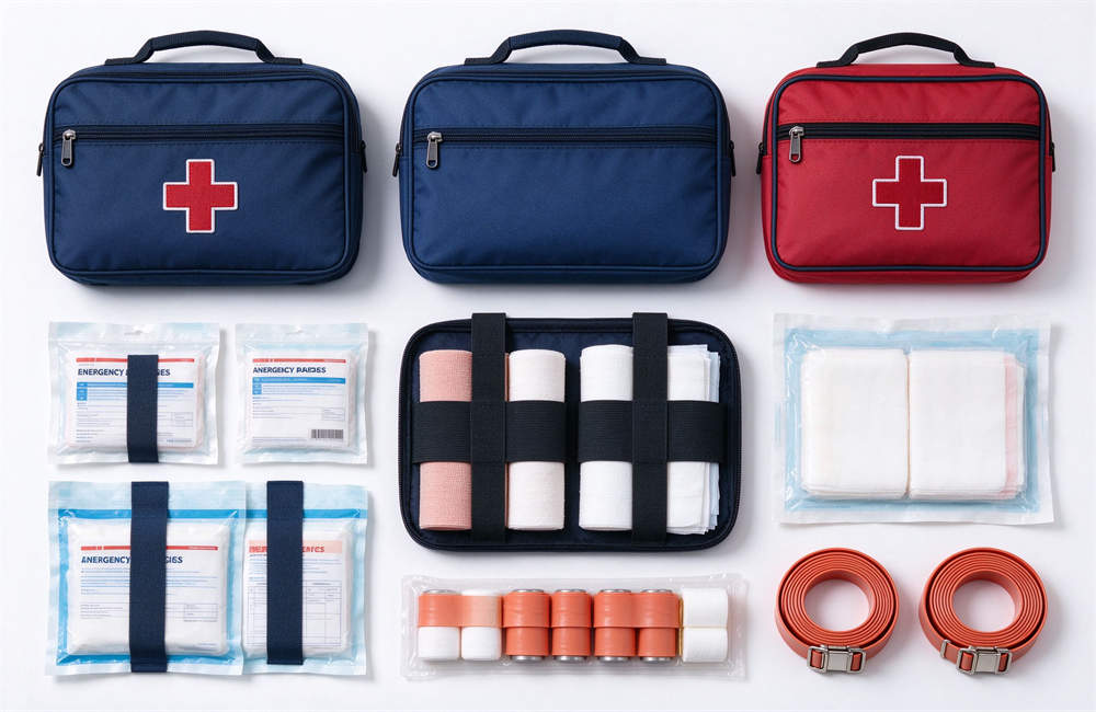 Three first aid kits in different sizes with bandages, tourniquets, trauma dressings, emergency medical supplies for highway crash trauma care and roadside first aid