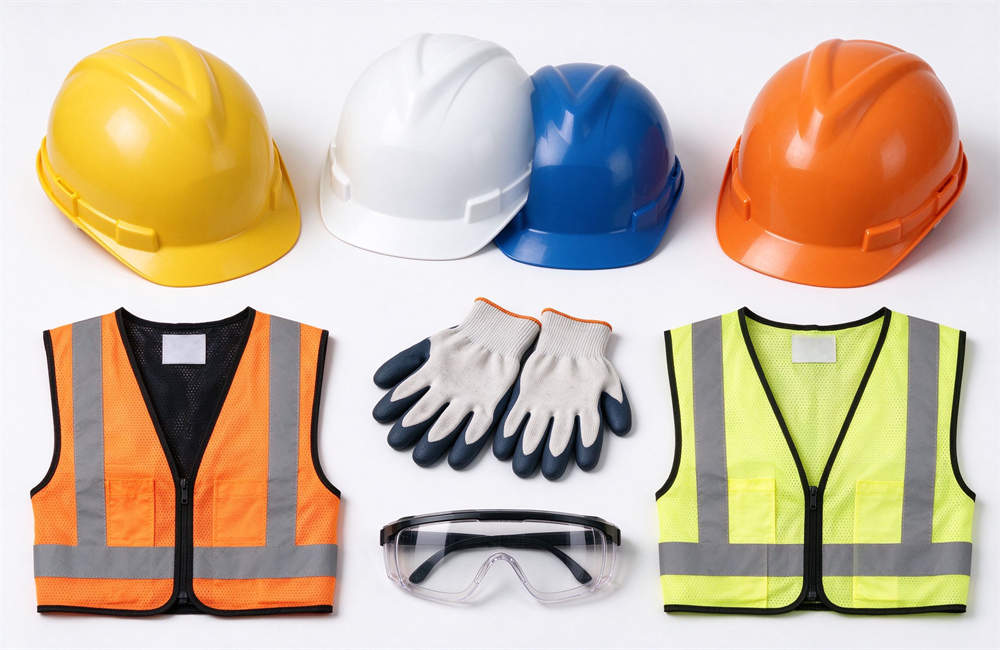 Four color safety hard hats, leather gloves, goggles, reflective vests flat lay, traffic safety PPE family for highway crash rescue and road work zone operations