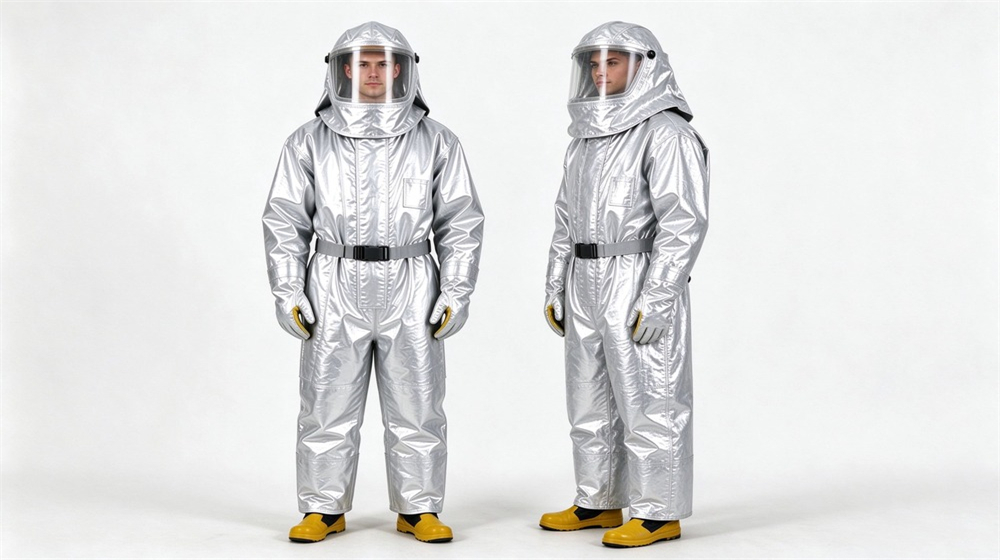 Front view of heavy duty protective high temperature insulated coverall, Wholesale high temperature insulation coveralls pair display on white background, multi-layer heat, demonstrating professional product use in industrial safety environment, designed for wholesale bulk supply and industrial safety procurement.