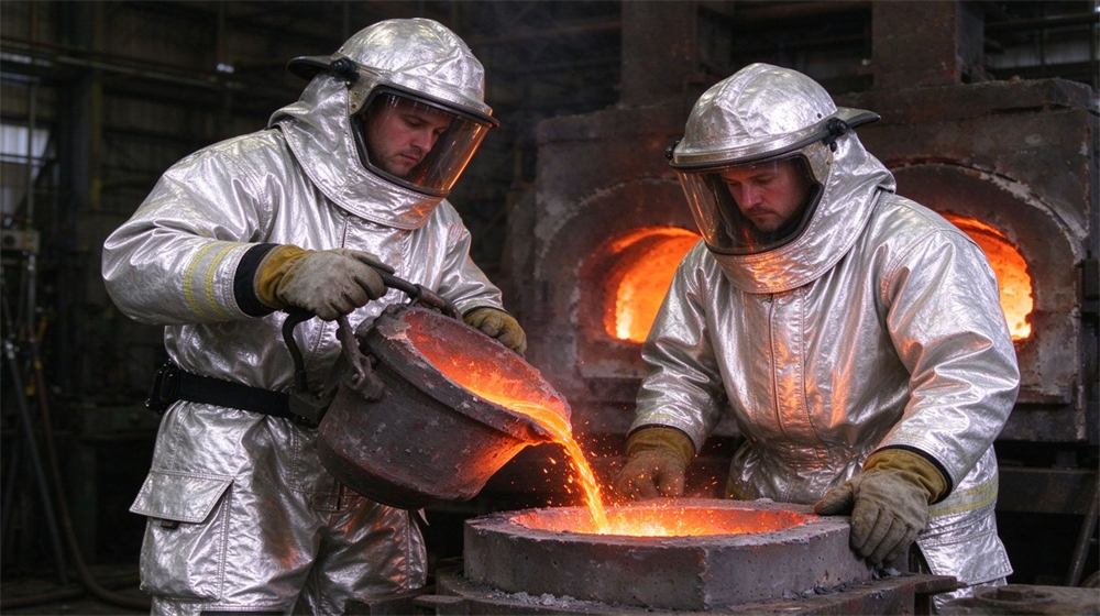 Side angle of heavy duty protective high temperature insulated coverall, Two foundry workers in high temperature insulation coveralls pouring molten metal, thermal, demonstrating professional application use in industrial safety environment, designed for wholesale bulk supply and industrial safety procurement.
