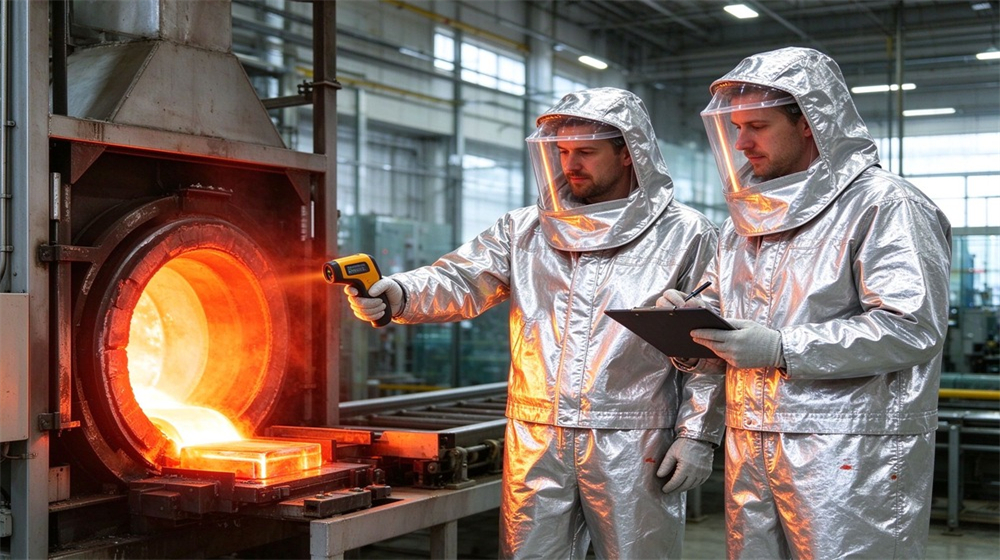 Aerial perspective of heavy duty protective high temperature insulated coverall, Two workers in high temperature insulation coveralls performing glass furnace infrared inspection,, demonstrating professional application use in industrial safety environment, designed for wholesale bulk supply and industrial safety procurement.