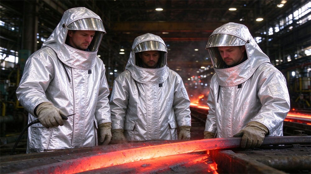 Close up detail of heavy duty protective high temperature insulated coverall, Three steel plant workers in heat insulation coveralls beside red hot steel, demonstrating professional application use in industrial safety environment, designed for wholesale bulk supply and industrial safety procurement.