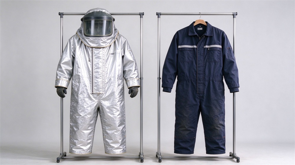 45 degree angle of heavy duty protective high temperature insulated coverall, High temperature insulation coverall beside standard work uniform on hangers, comparing insulation, demonstrating professional comparison use in industrial safety environment, designed for wholesale bulk supply and industrial safety procurement.