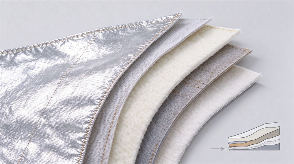 Overhead view of heavy duty protective high temperature insulated coverall, Multi layer insulation fabric structure of five heat protection layers, heat insulation, demonstrating professional info use in industrial safety environment, designed for wholesale bulk supply and industrial safety procurement.