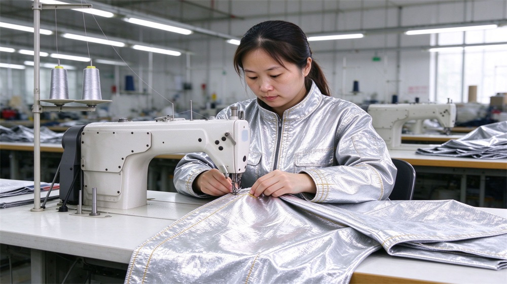 Wide shot of heavy duty protective high temperature insulated coverall, Asian sewing worker at single machine stitching silver heat insulation coverall fabric,, demonstrating professional application use in industrial safety environment, designed for wholesale bulk supply and industrial safety procurement.