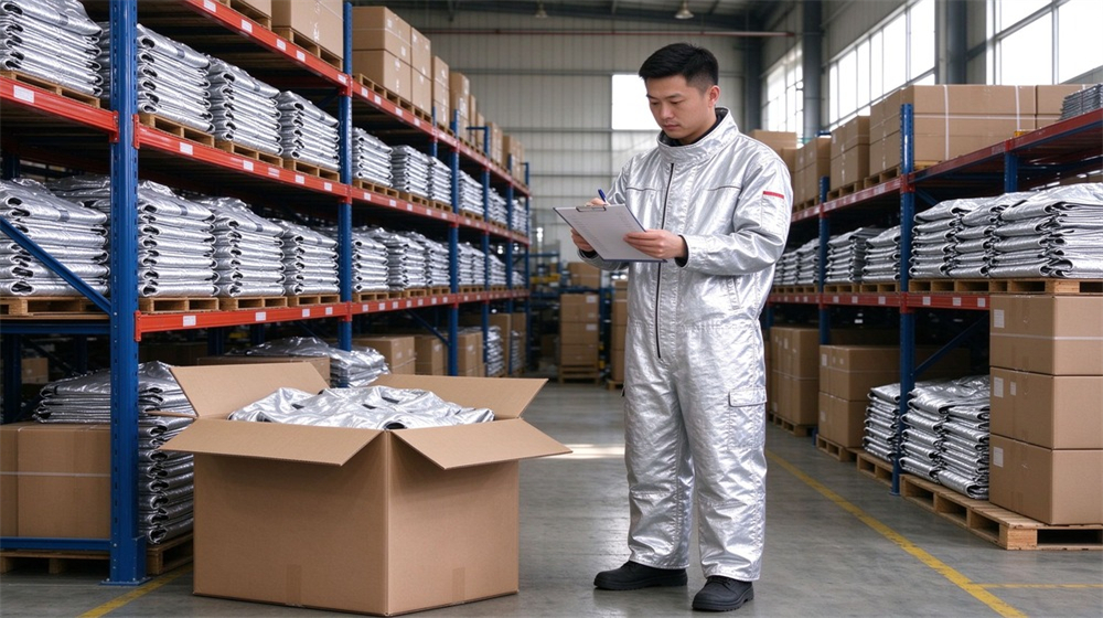 Macro detail of heavy duty protective high temperature insulated coverall, Asian warehouse worker checking packed high temperature insulation coveralls inventory, wholesale heat, demonstrating professional application use in industrial safety environment, designed for wholesale bulk supply and industrial safety procurement.