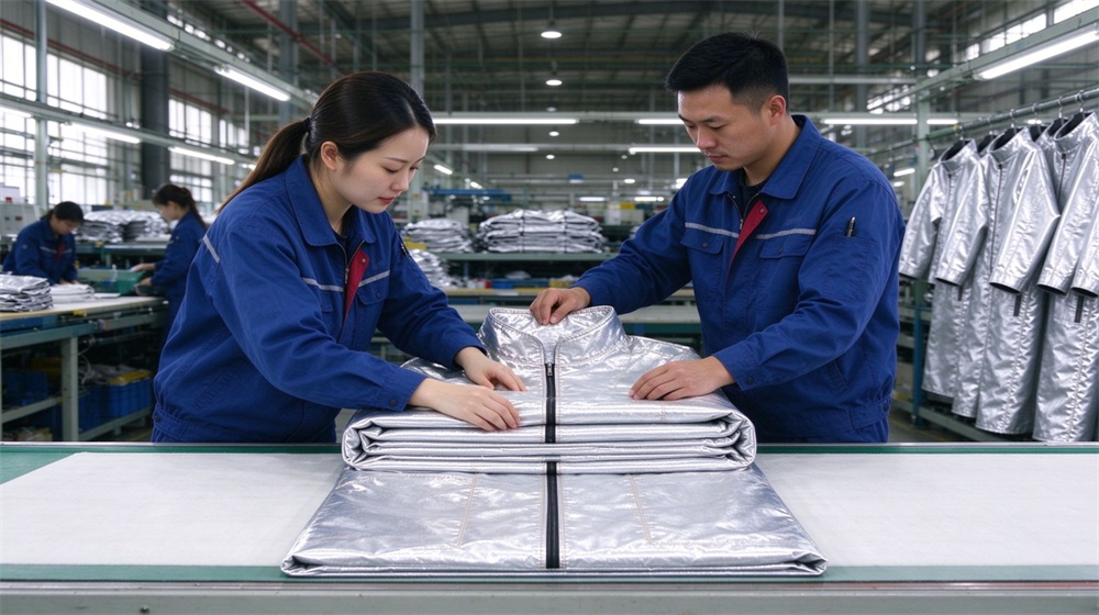 Front view of heavy duty protective high temperature insulated coverall, Two asian workers folding and packing heat insulation coveralls at factory station,, demonstrating professional application use in industrial safety environment, designed for wholesale bulk supply and industrial safety procurement.