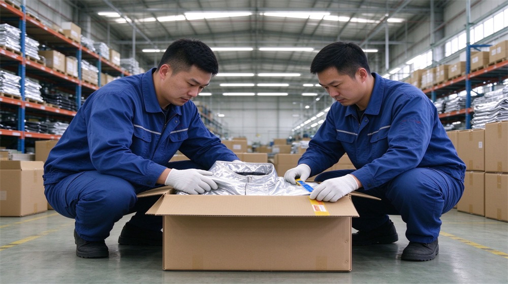 Side angle of heavy duty protective high temperature insulated coverall, Two asian workers boxing heat insulation coveralls into export cartons, wholesale heat, demonstrating professional application use in industrial safety environment, designed for wholesale bulk supply and industrial safety procurement.
