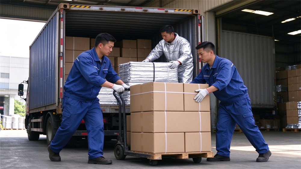 Aerial perspective of heavy duty protective high temperature insulated coverall, Two asian workers loading heat insulation coverall cartons onto export truck, insulated, demonstrating professional application use in industrial safety environment, designed for wholesale bulk supply and industrial safety procurement.