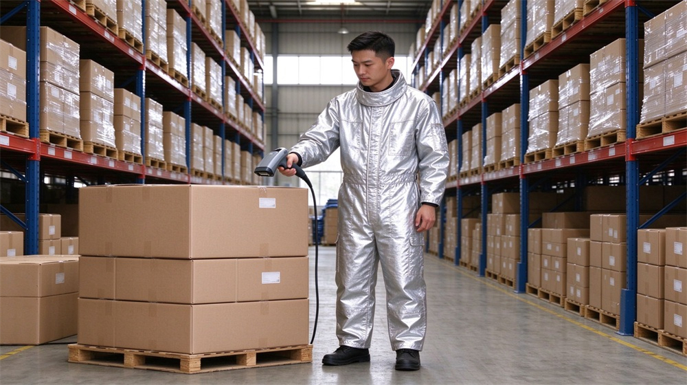 Close up detail of heavy duty protective high temperature insulated coverall, Asian worker barcode scanning heat insulation coverall cartons at dispatch, export logistics, demonstrating professional application use in industrial safety environment, designed for wholesale bulk supply and industrial safety procurement.