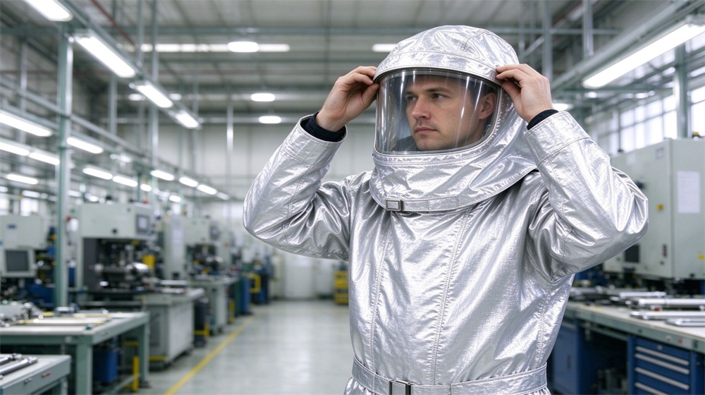 45 degree angle of heavy duty protective high temperature insulated coverall, Worker adjusting transparent visor seal of heat insulation coverall before furnace work,, demonstrating professional application use in industrial safety environment, designed for wholesale bulk supply and industrial safety procurement.