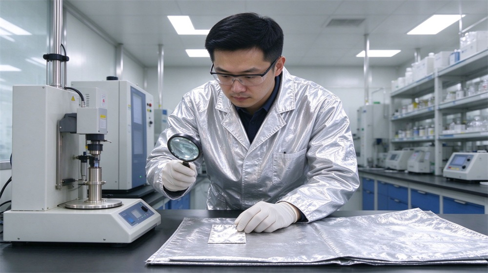 Overhead view of heavy duty protective high temperature insulated coverall, Asian quality inspector checking heat insulation coverall fabric sample in laboratory, heat, demonstrating professional application use in industrial safety environment, designed for wholesale bulk supply and industrial safety procurement.