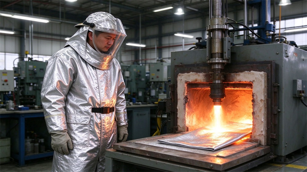 Wide shot of heavy duty protective high temperature insulated coverall, Asian quality inspector observing heat resistance testing of heat insulation coverall fabric,, demonstrating professional application use in industrial safety environment, designed for wholesale bulk supply and industrial safety procurement.