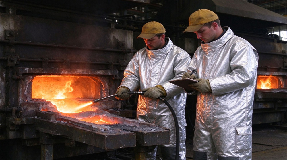 Macro detail of heavy duty protective high temperature insulated coverall, Two workers in high temperature insulation coveralls at aluminum smelting furnace, long, demonstrating professional application use in industrial safety environment, designed for wholesale bulk supply and industrial safety procurement.