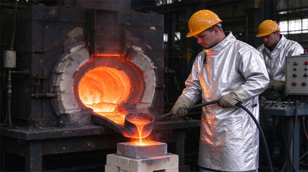 Front view of heavy duty protective high temperature insulated coverall, Two workers in insulation coveralls at induction furnace pouring molten steel, high, demonstrating professional application use in industrial safety environment, designed for wholesale bulk supply and industrial safety procurement.