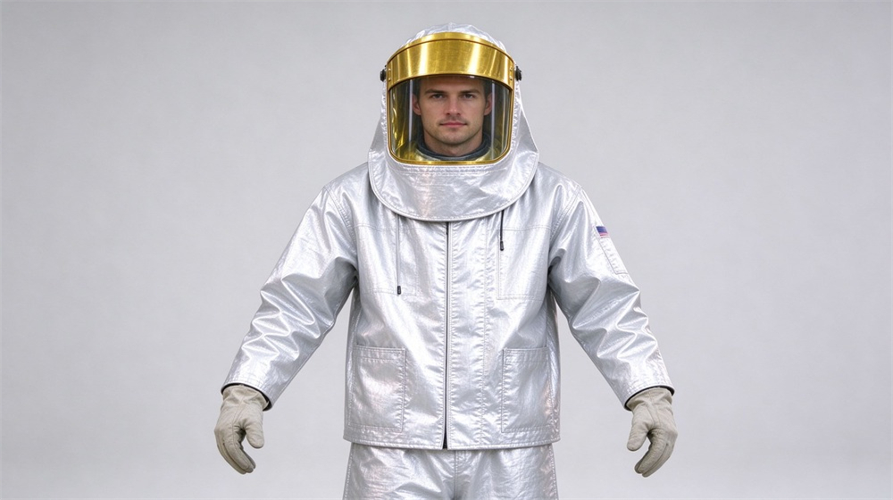 Side angle of heavy duty protective high temperature insulated coverall, Worker front view display of heat insulation coverall reflective fabric, high temperature, demonstrating professional product use in industrial safety environment, designed for wholesale bulk supply and industrial safety procurement.