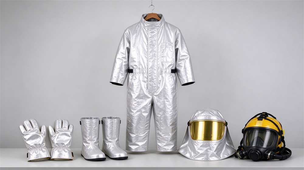 Aerial perspective of heavy duty protective high temperature insulated coverall, Complete heat insulation coverall kit with insulating boots gloves and hood, thermal, demonstrating professional product use in industrial safety environment, designed for wholesale bulk supply and industrial safety procurement.
