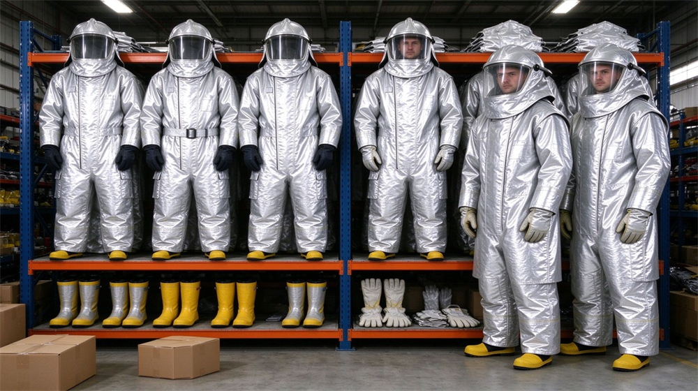 Close up detail of heavy duty protective high temperature insulated coverall, Complete heat insulation coverall series display on warehouse shelf with accessories, wholesale, demonstrating professional product use in industrial safety environment, designed for wholesale bulk supply and industrial safety procurement.