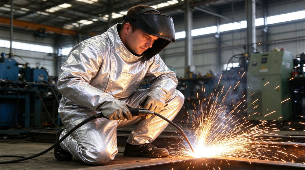 45 degree angle of heavy duty protective high temperature insulated coverall, Welder in heat insulation coverall with welding sparks in workshop, thermal insulation, demonstrating professional application use in industrial safety environment, designed for wholesale bulk supply and industrial safety procurement.