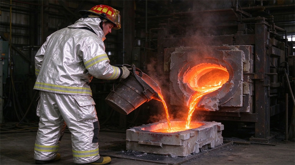 Wide shot of heavy duty protective high temperature insulated coverall, Foundry worker pouring molten metal side angle in heat insulation coverall, heat, demonstrating professional application use in industrial safety environment, designed for wholesale bulk supply and industrial safety procurement.