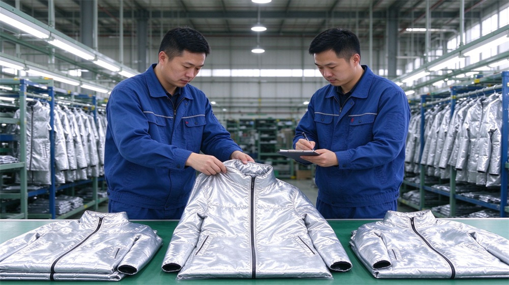 Macro detail of heavy duty protective high temperature insulated coverall, Two asian workers inspecting and sorting heat insulation coveralls at workshop table,, demonstrating professional application use in industrial safety environment, designed for wholesale bulk supply and industrial safety procurement.
