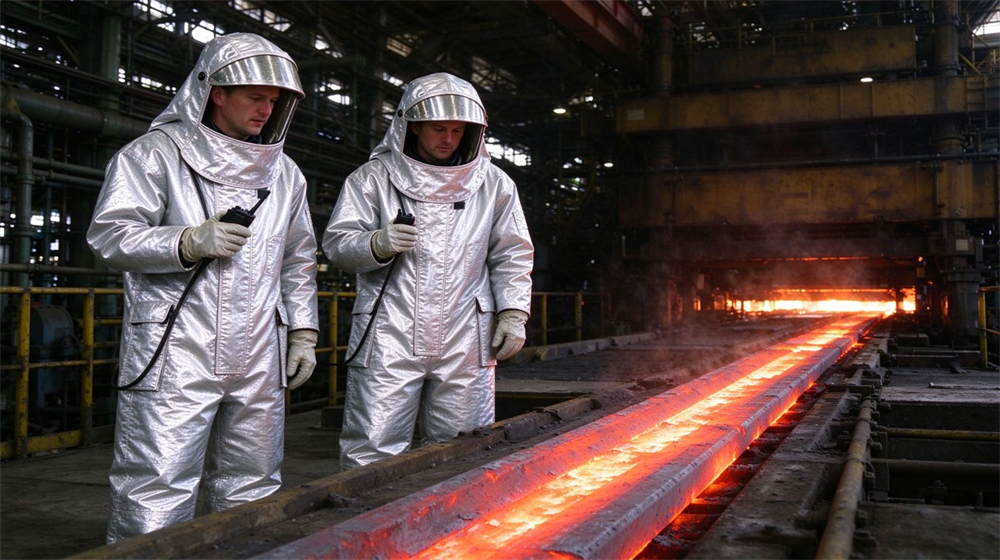 Front view of heavy duty protective high temperature insulated coverall, Two workers observing red hot steel on hot rolling line in insulation, demonstrating professional application use in industrial safety environment, designed for wholesale bulk supply and industrial safety procurement.