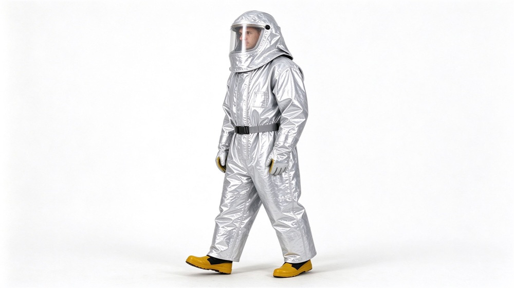 Side angle of heavy duty protective high temperature insulated coverall, Heat insulation coverall side walking pose on white background, high temperature insulation, demonstrating professional product use in industrial safety environment, designed for wholesale bulk supply and industrial safety procurement.