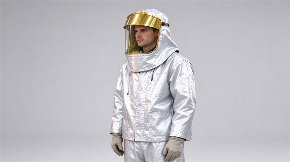 Aerial perspective of heavy duty protective high temperature insulated coverall, Worker side view wearing heat insulation coverall in studio, high temp insulation, demonstrating professional product use in industrial safety environment, designed for wholesale bulk supply and industrial safety procurement.
