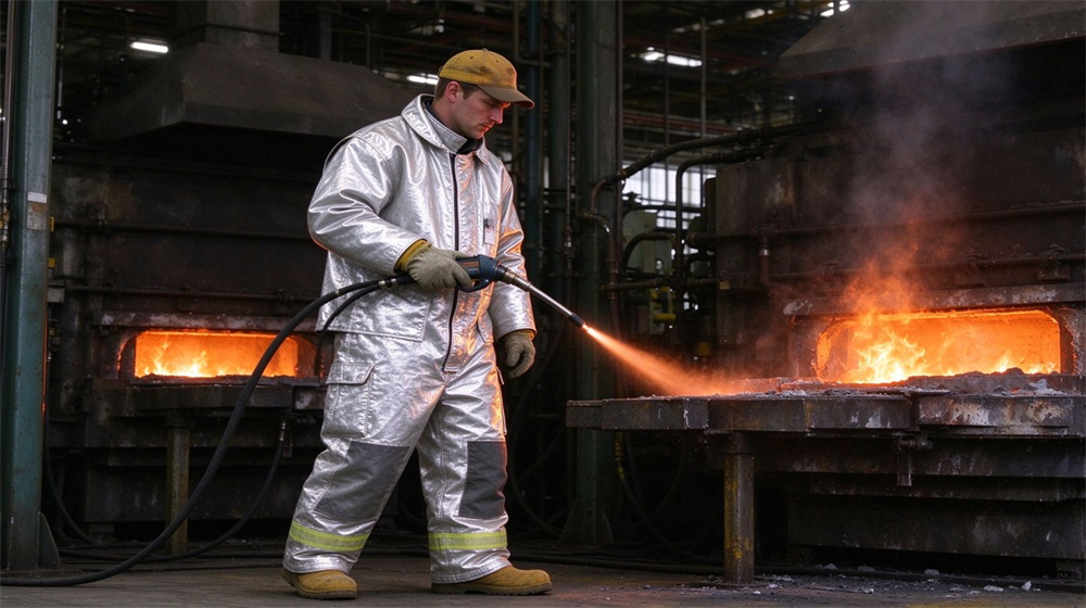 Close up detail of heavy duty protective high temperature insulated coverall, Worker in heat insulation coverall inspecting aluminum plant furnace with temperature gun,, demonstrating professional application use in industrial safety environment, designed for wholesale bulk supply and industrial safety procurement.