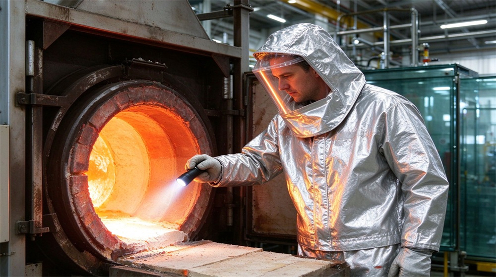 45 degree angle of heavy duty protective high temperature insulated coverall, Worker in heat insulation coverall performing furnace maintenance inspection, thermal protection suit, demonstrating professional application use in industrial safety environment, designed for wholesale bulk supply and industrial safety procurement.