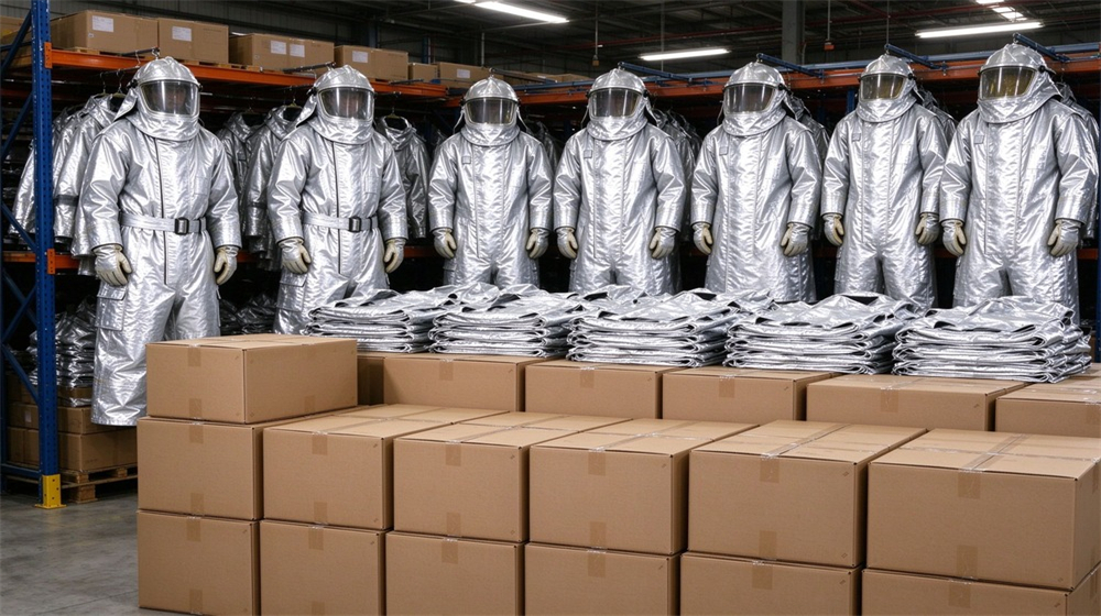 Overhead view of heavy duty protective high temperature insulated coverall, Wholesale cartons of heat insulation coveralls at warehouse stock area, insulated workwear, demonstrating professional application use in industrial safety environment, designed for wholesale bulk supply and industrial safety procurement.