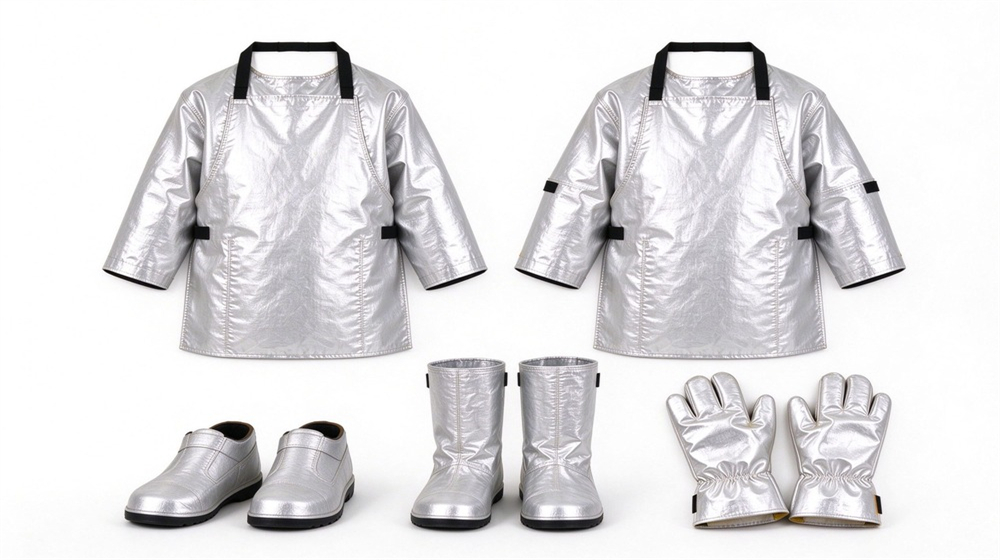Side angle of heavy duty protective heat resistant apron arm guards, Two aluminum foil heat resistant aprons with black neck straps displayed side, demonstrating professional product use in industrial safety environment, designed for wholesale bulk supply and industrial safety procurement.