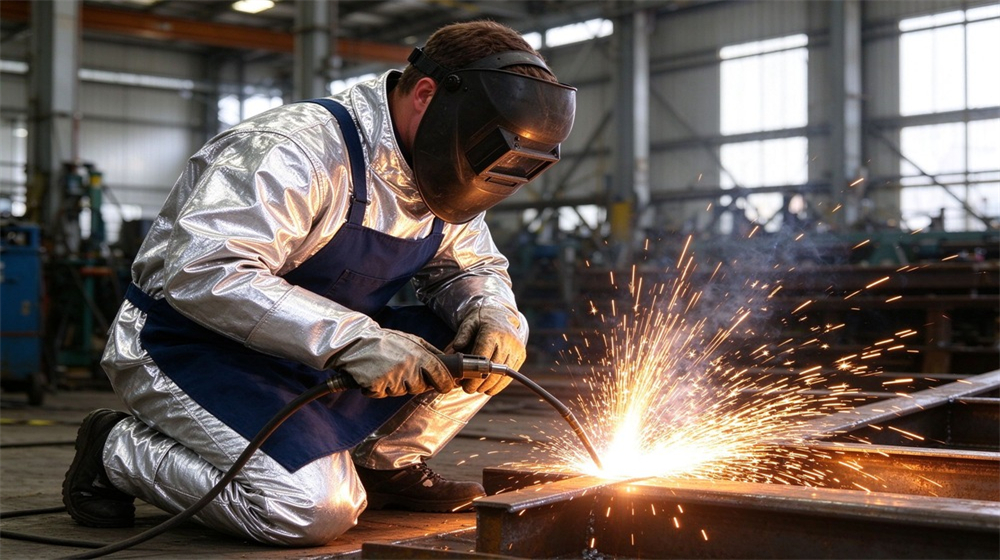 Front view of heavy duty protective heat resistant apron arm guards, Welding worker wearing silver aluminum foil heat resistant apron and arm guards,, demonstrating professional application use in industrial safety environment, designed for wholesale bulk supply and industrial safety procurement.