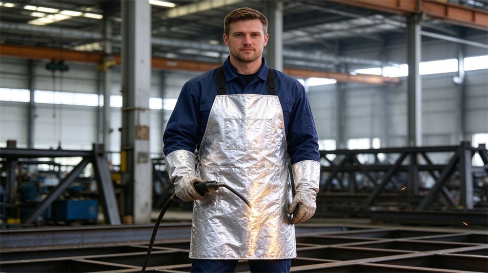 Aerial perspective of heavy duty protective heat resistant apron arm guards, Welder standing with silver aluminum foil apron and matching arm guards, complete, demonstrating professional application use in industrial safety environment, designed for wholesale bulk supply and industrial safety procurement.