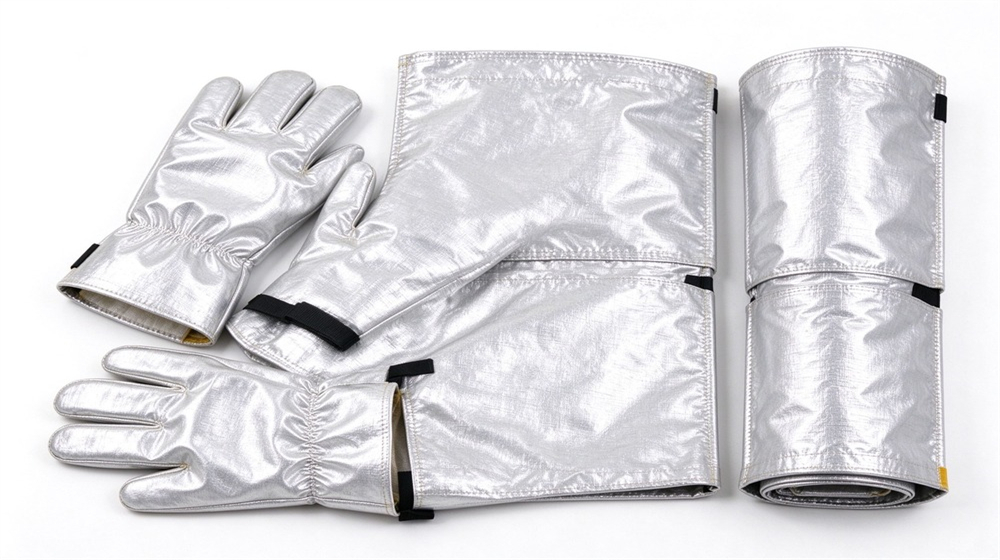 Close up detail of heavy duty protective heat resistant apron arm guards, Aluminum foil arm guard pair with heat resistant five finger gloves on, demonstrating professional product use in industrial safety environment, designed for wholesale bulk supply and industrial safety