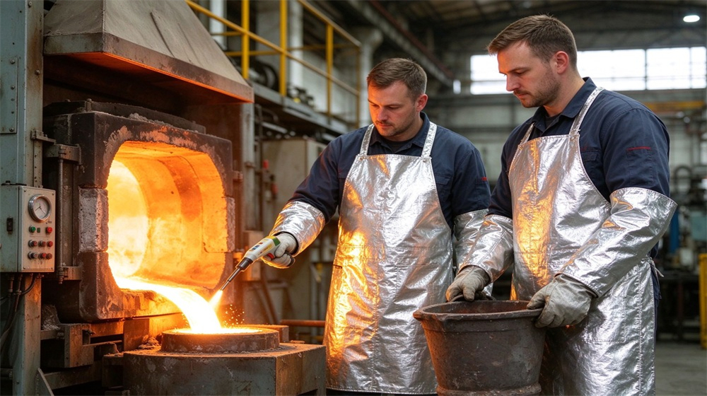 45 degree angle of heavy duty protective heat resistant apron arm guards, Foundry workers pouring molten metal wearing aluminum foil heat resistant aprons, furnace, demonstrating professional application use in industrial safety environment, designed for wholesale bulk supply and industrial safety
