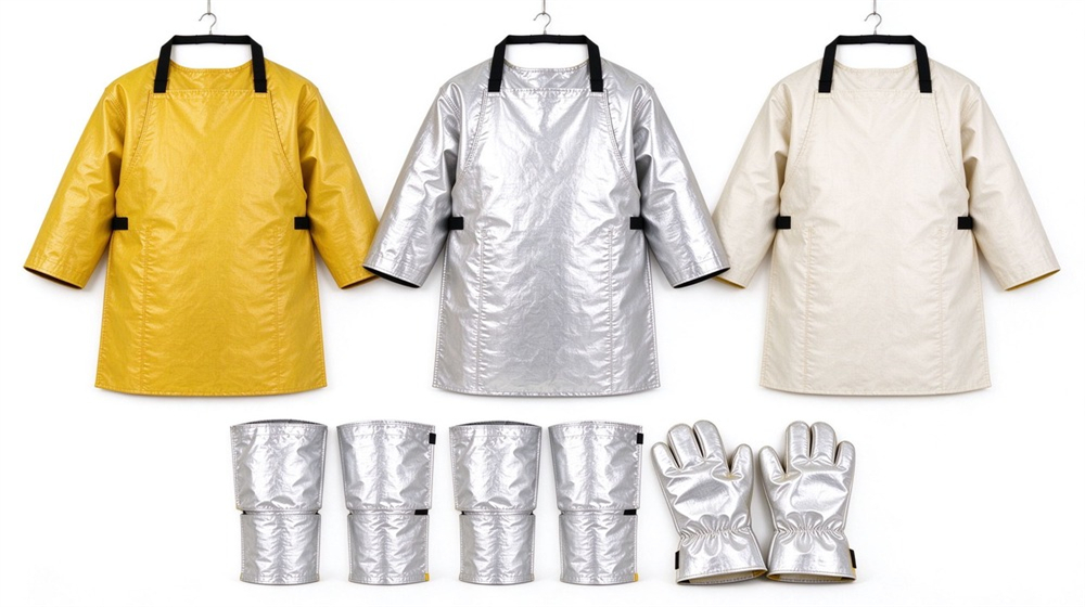 Overhead view of heavy duty protective heat resistant apron arm guards, Heat resistant apron series in silver yellow and off white three colors, demonstrating professional product use in industrial safety environment, designed for wholesale bulk supply and industrial safety procurement.