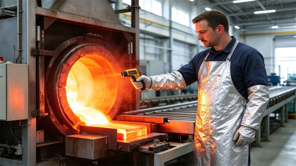 Wide shot of heavy duty protective heat resistant apron arm guards, Glass furnace worker checking temperature with infrared meter wearing aluminum foil apron,, demonstrating professional application use in industrial safety environment, designed for wholesale bulk supply and industrial safety procurement.