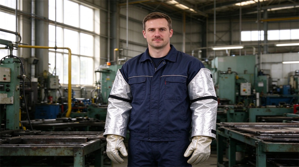 Macro detail of heavy duty protective heat resistant apron arm guards, Worker wearing aluminum foil arm guards over blue workwear in bright workshop,, demonstrating professional application use in industrial safety environment, designed for wholesale bulk supply and industrial safety procurement.