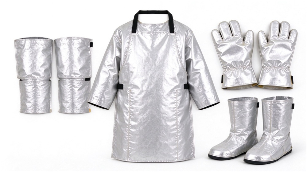 Front view of heavy duty protective heat resistant apron arm guards, Heat resistant apron with arm guard glove and safety boot kit displayed, demonstrating professional product use in industrial safety environment, designed for wholesale bulk supply and industrial safety procurement.