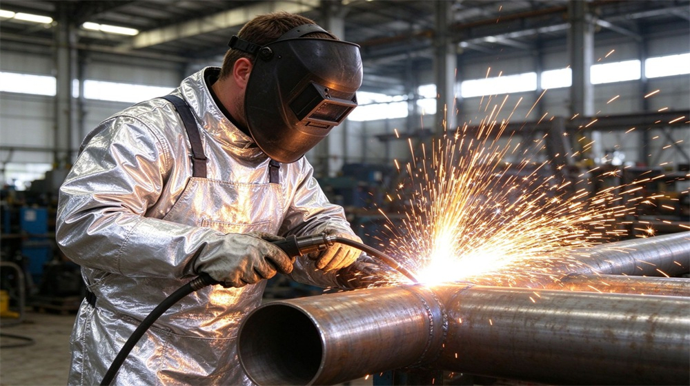 Side angle of heavy duty protective heat resistant apron arm guards, Welder welding steel pipe with sparks flying wearing heat resistant apron, welding, demonstrating professional application use in industrial safety environment, designed for wholesale bulk supply and industrial safety procurement.