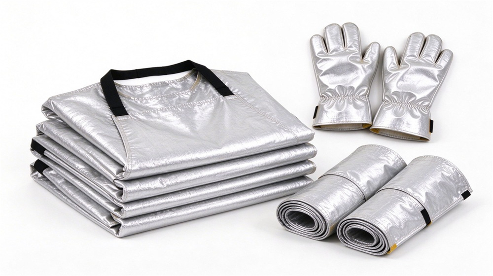 Aerial perspective of heavy duty protective heat resistant apron arm guards, Folded aluminum foil heat resistant aprons stacked with arm guards, compact storage, demonstrating professional product use in industrial safety environment, designed for wholesale bulk supply and industrial safety procurement.