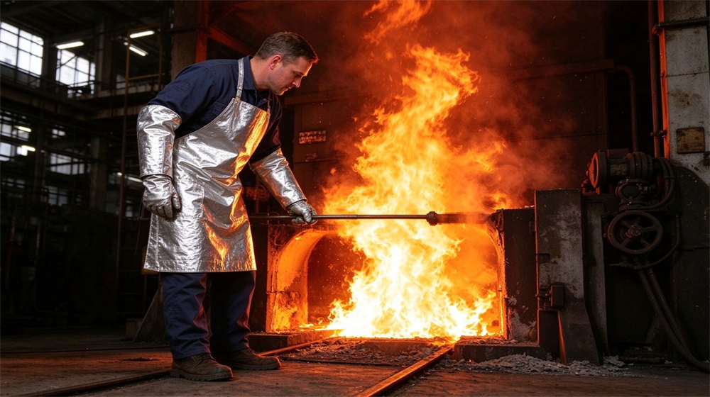 Close up detail of heavy duty protective heat resistant apron arm guards, Furnace maintenance worker with aluminum foil apron inspecting flames, furnace apron arm, demonstrating professional application use in industrial safety environment, designed for wholesale bulk supply and industrial safety
