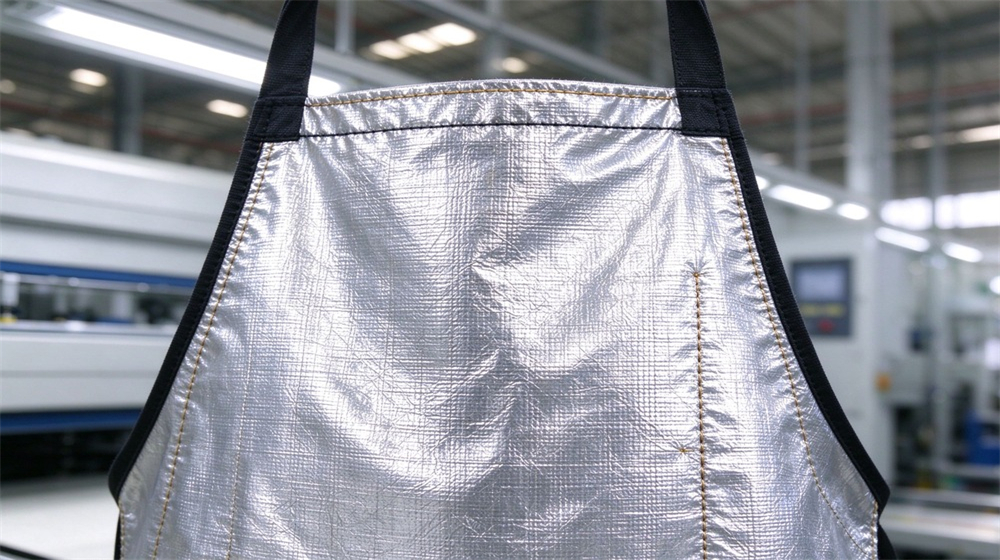 45 degree angle of heavy duty protective heat resistant apron arm guards, Aluminum foil apron fabric closeup showing metallic reflective texture with aramid stitching, demonstrating professional info use in industrial safety environment, designed for wholesale bulk supply and industrial safety